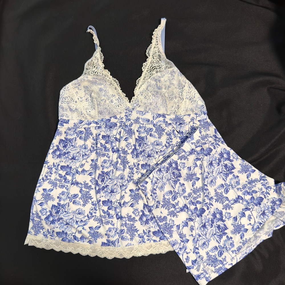 Laura Ashley Blue Floral Lace Trim Cami & Shorts Pajama Set, PJ's Size XL - Picture 6 of 8
